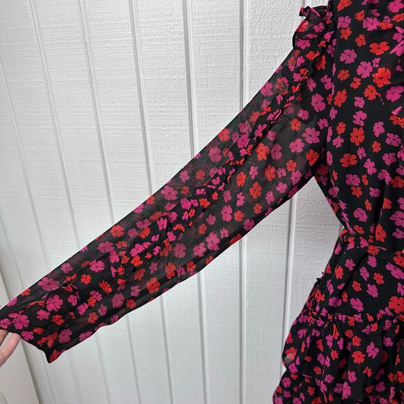 Dee Elly Floral Ruffle Mini Dress XL Long Sleeve V Neck Tiered Black Romantic - Picture 3 of 10